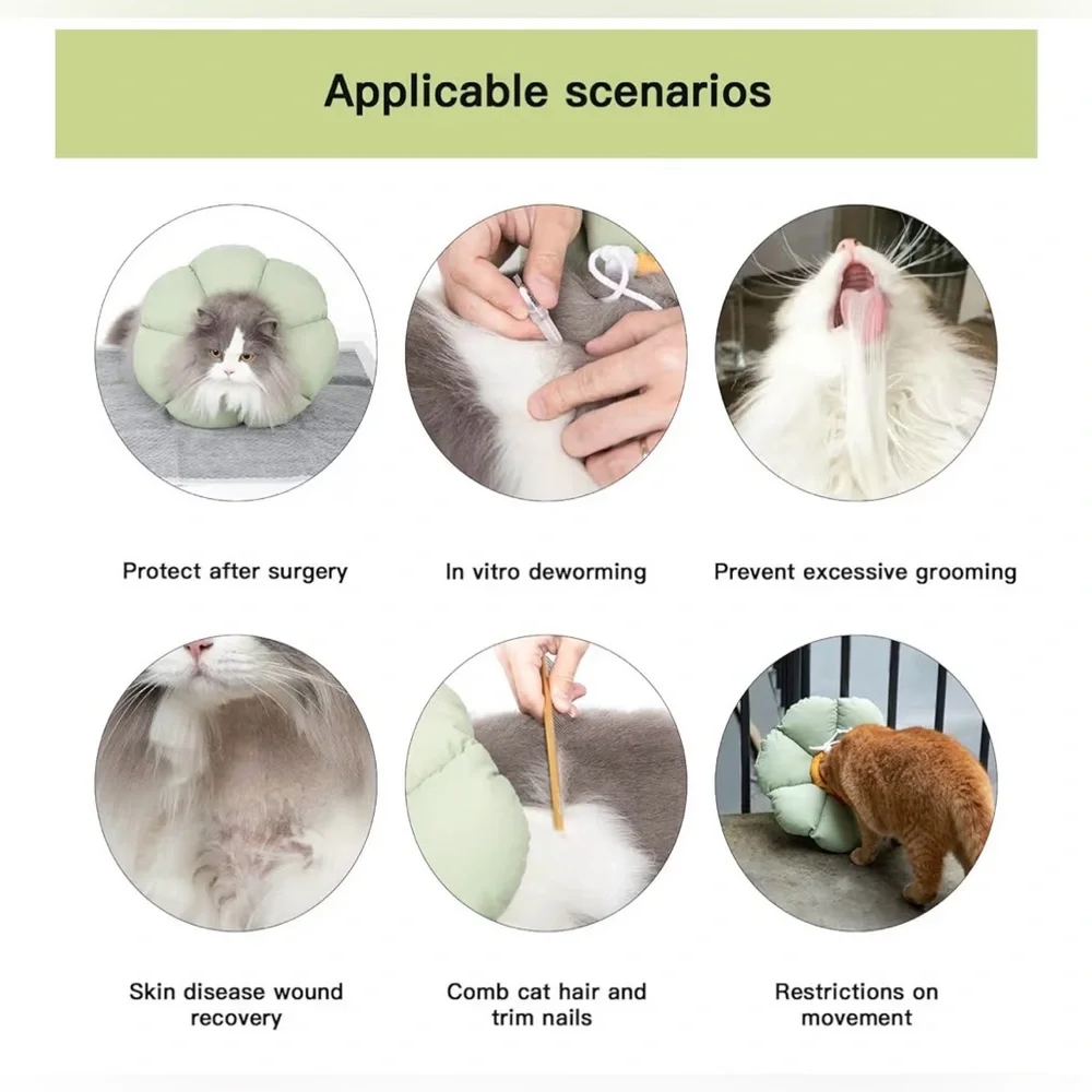 NEW Cat Cone Collar Waterproof Recovery Anti-Bite Healing Safety Green Flower L